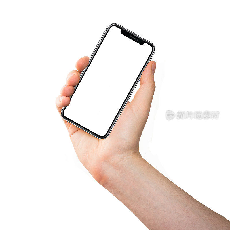 近距离男子手持手机孤立在白色，模拟智能手机黑色彩色空白屏幕