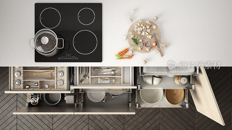 现代厨房俯视图，打开的抽屉和炉灶与烹饪锅，极简的室内设计
