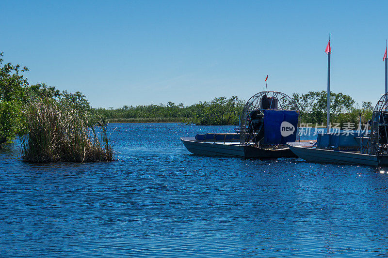 美国，佛罗里达，两艘带着巨大螺旋桨的飞艇在大沼泽地的水中