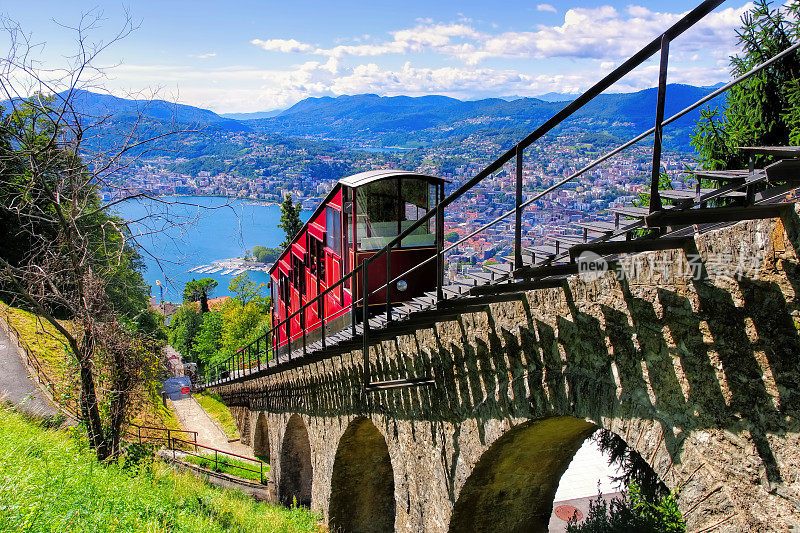 卢加诺缆车和卢加诺湖，瑞士