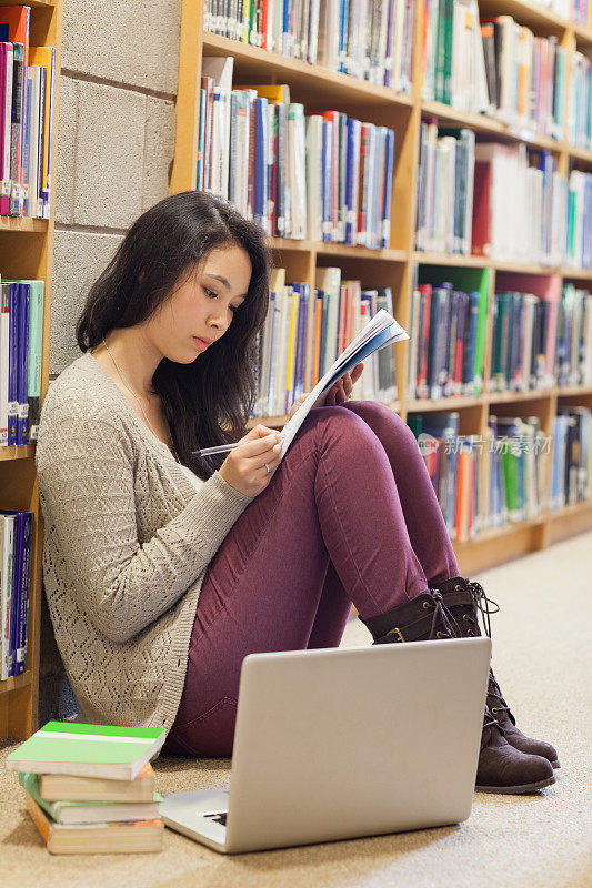 学生倚着墙坐在图书馆的地板上