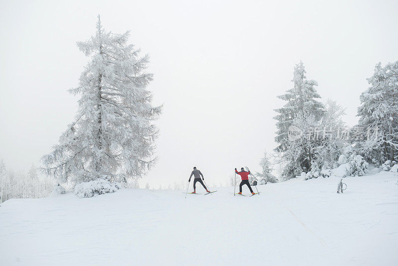 两名资深男子越野滑雪在大雾天气，欧洲