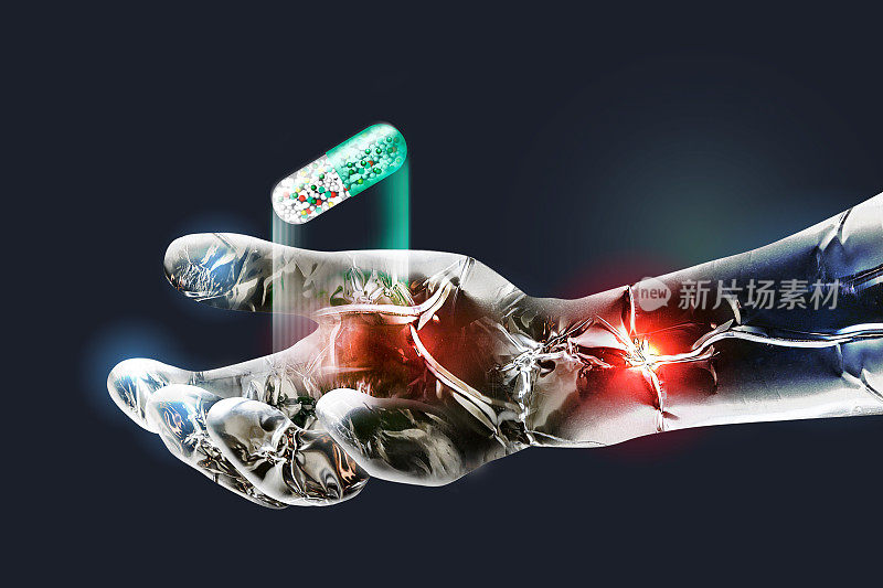 医用人工智能机器人开发新药物的金属手。