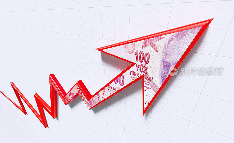 土耳其里拉的波动-红色箭头纹理与100土耳其里拉纸币移动上白色背景