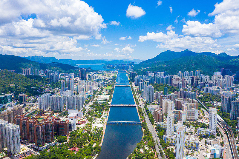 沙田区鸟瞰图。香港新界