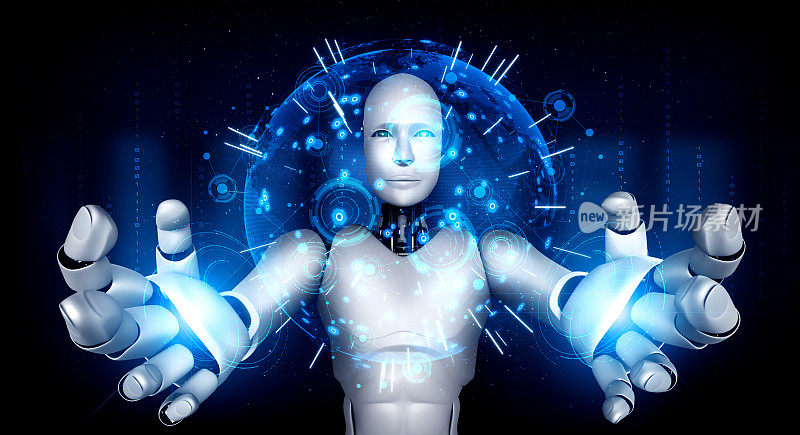 AI人形机器人手持全息屏幕，展示全球通信概念