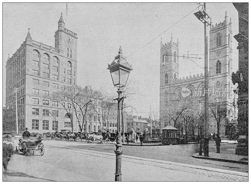 加拿大蒙特利尔的古董黑白照片:D'Armes广场