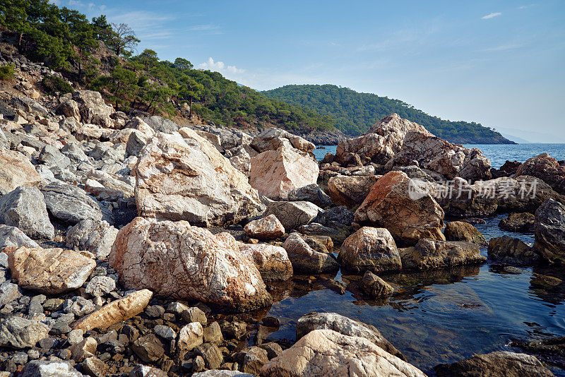 地中海岩石海岸。清澈的蓝天和绿色的森林