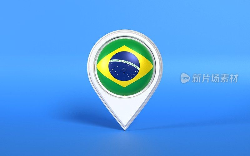 巴西国旗在一个白色地图指针在蓝色背景