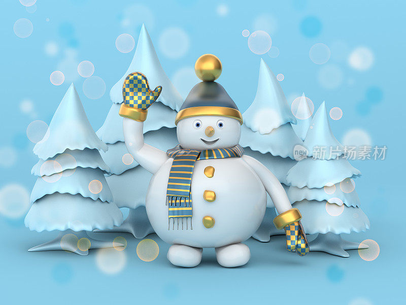 蓝色和金色的卡通可爱的雪人角色。圣诞节和新年简约的节日插图。三维渲染