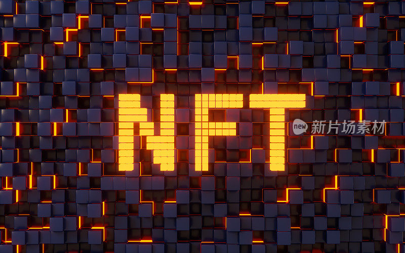 NFT不可替代令牌概念与抽象立方体背景，3d渲染。