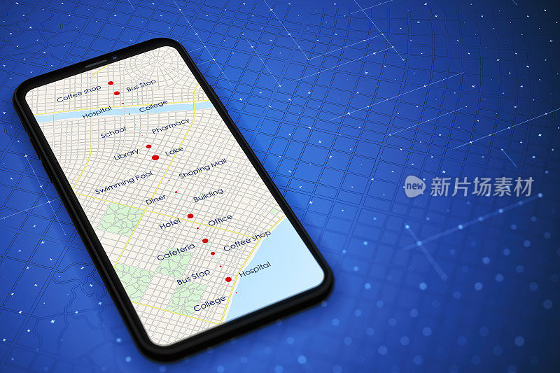 智能手机与数字地图和地图大头针图标