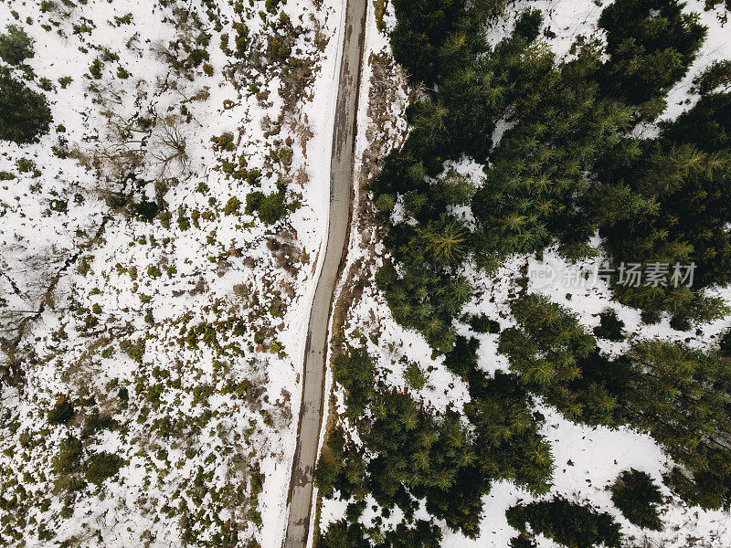 森林中道路的鸟瞰图，两侧有雪