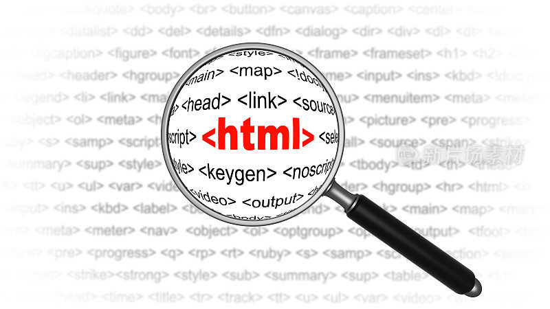 放大镜和HTML编码。寻找html标签概念。软件开发和互联网编程java脚本语言。PHP和CSS网页设计概念。元数据和SEO技术。