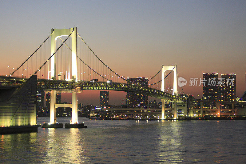 夜景彩虹桥黄昏和高层建筑