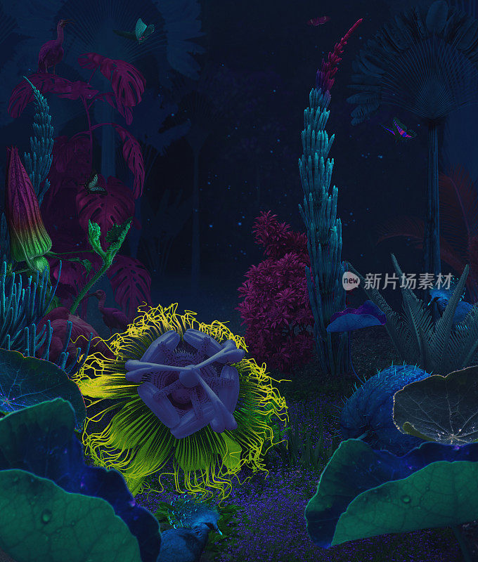 超现实的巨型西番莲花在夜晚魔法丛林