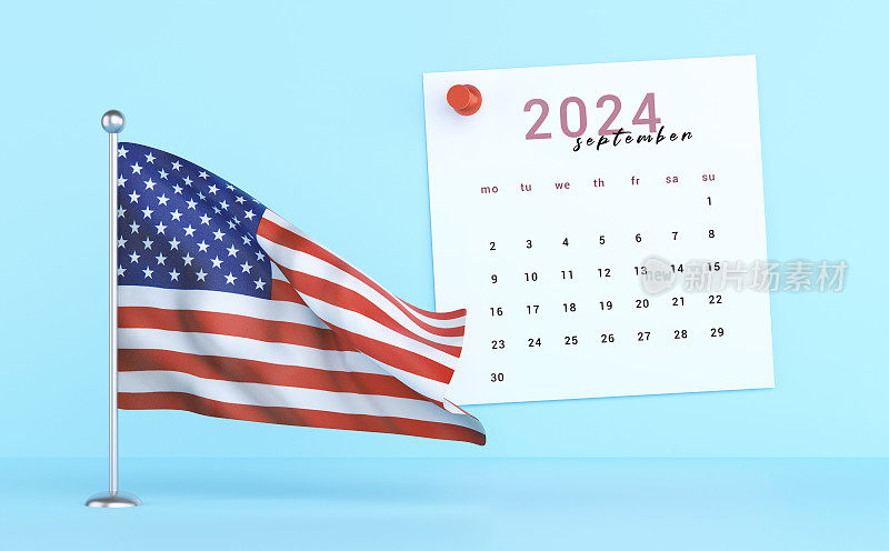 2024年9月日历和美国国旗