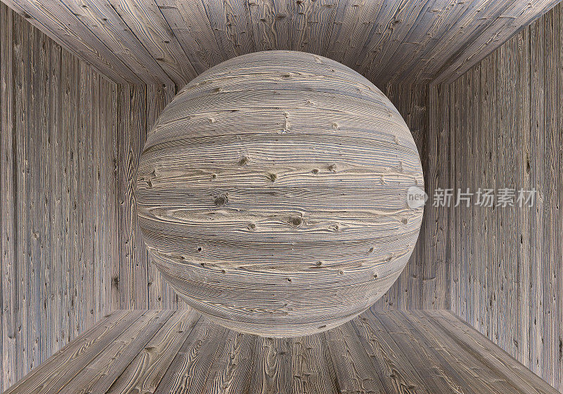 旧木球漂浮在空中，在同样的木板空房间。