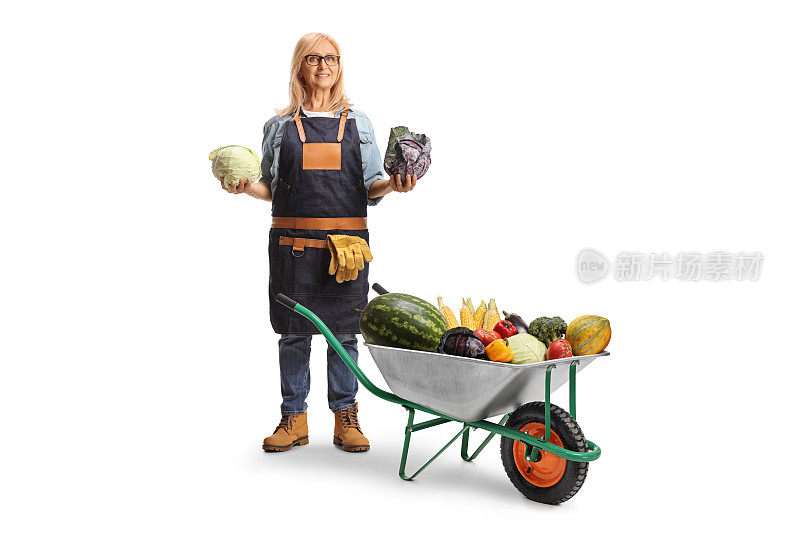 女农民推着手推车装着卷心菜
