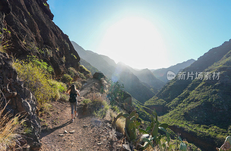 孤独的年轻女子徒步旅行者在崎岖的山路上升，从背后拍摄的广角，水平框架