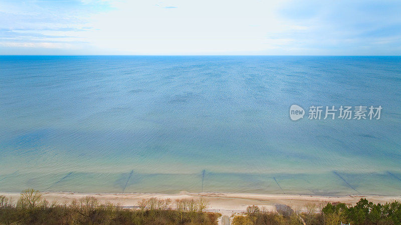 无人机拍摄的波兰西波美拉尼亚省加斯基海滩。这张照片展示了波罗的海蓝绿色的海水、宽阔的沙滩和沙丘上光秃秃的树木。二月冬天被俘。