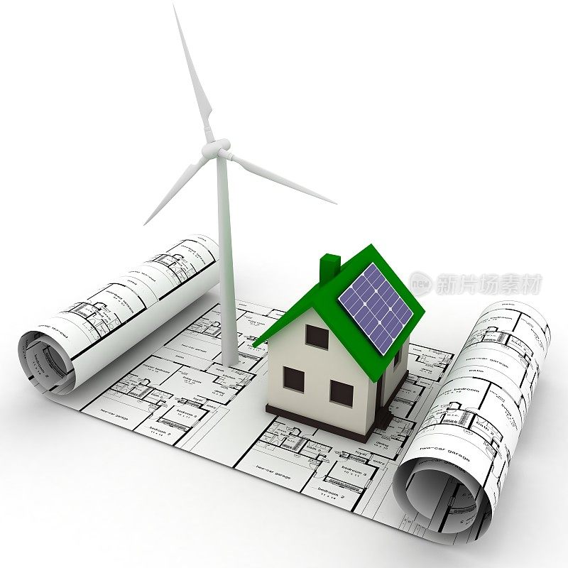 风力涡轮机太阳能电池板房屋可再生能源净零排放