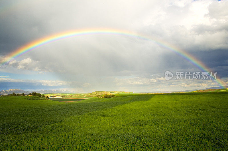 彩虹在绿色的田野和雨云之上