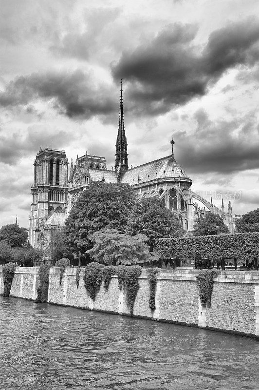 巴黎圣母院大教堂从塞纳河黑与白