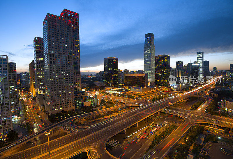 夜晚的北京中央商务区高楼大厦天际线，中国城市景观