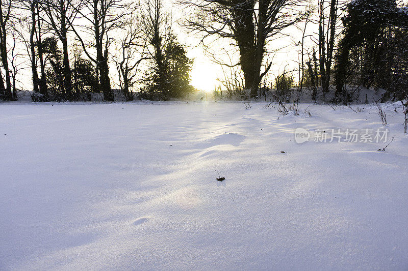 太阳落在白雪覆盖的风景上