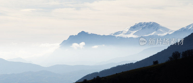 山景，景观与雾，雪和天空