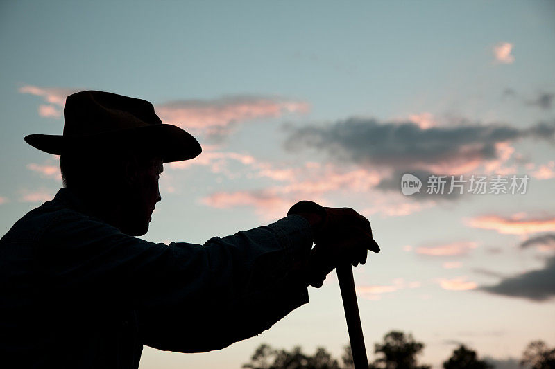 牧童:日落下暴雨后，俯瞰田野的农民剪影。