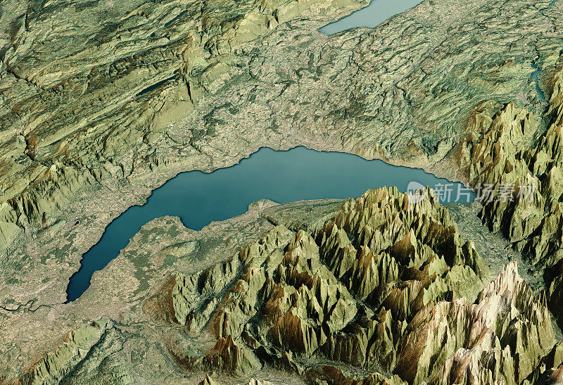 日内瓦湖3D渲染卫星视图地形图水平