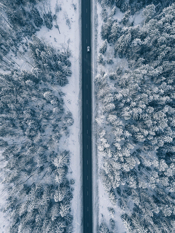 乡间小路穿过美丽的白雪覆盖的风景。鸟瞰图。