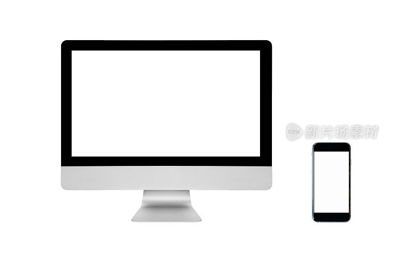 智能现代个人电脑和智能手机与空白屏幕隔离在白色背景。