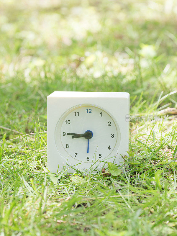 草坪上的白色简单时钟，8点45分8点45分