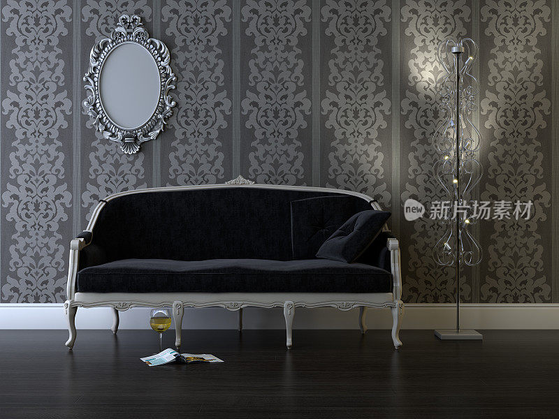 古董风格的沙发，灰色墙纸和镜子