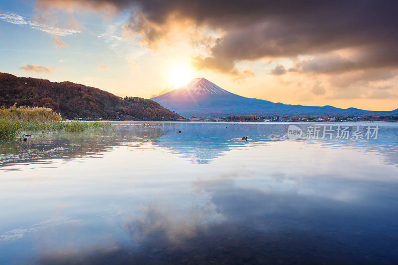 早晨的富士山和川口湖，秋季的富士山在山町。