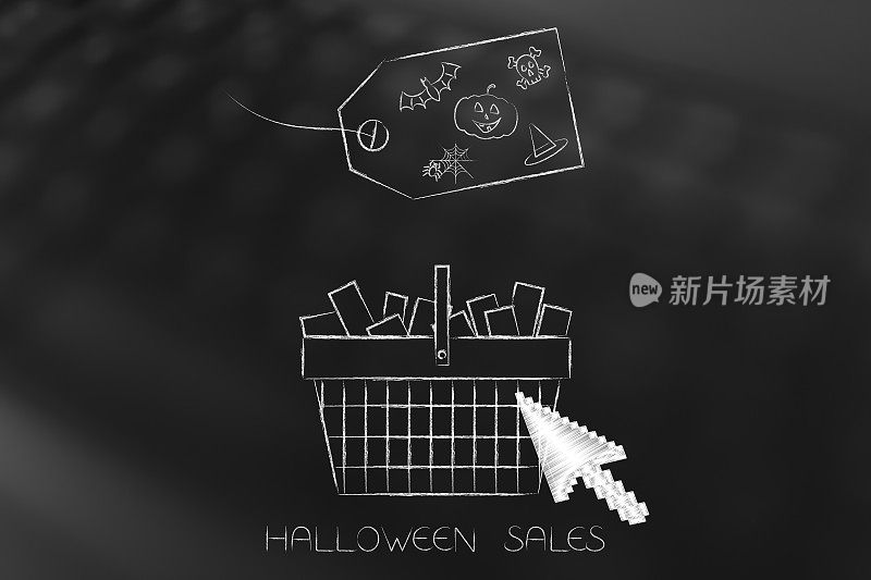 万圣节销售购物篮鼠标点击和价格标签与幽灵的图标