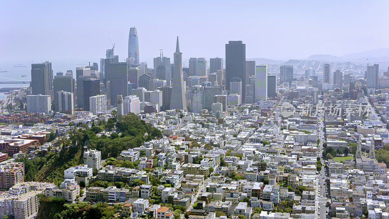 鸟瞰图与电报山和金融区的旧金山在背景