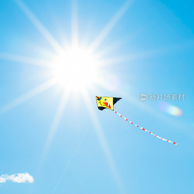 风筝在阳光照耀的天空中飞翔