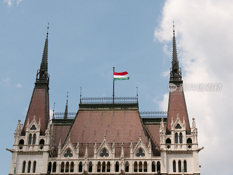 匈牙利国会大厦屋顶上的匈牙利国旗。