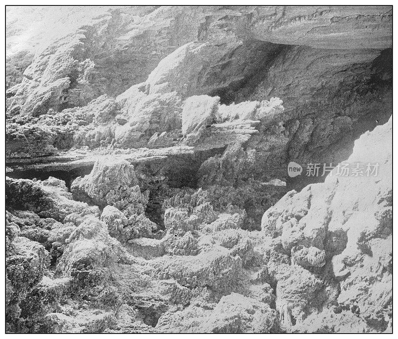 美国古老的黑白照片:科罗拉多大峡谷钟乳石洞壁