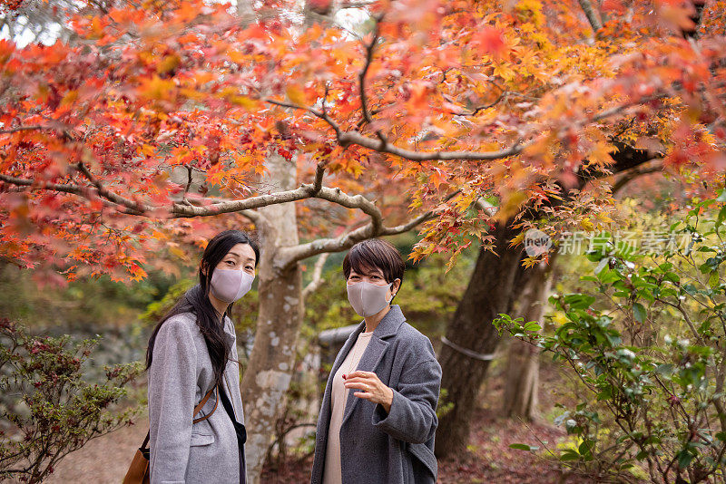 戴着保护面罩的日本女性朋友参观公园欣赏秋天的树叶