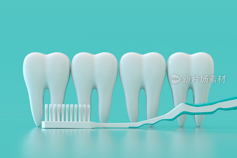 牙刷和白牙在绿松石色的背景上进行牙齿护理