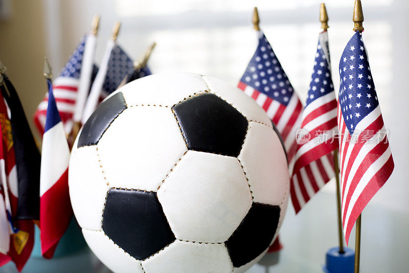 足球周围环绕着各种国旗。