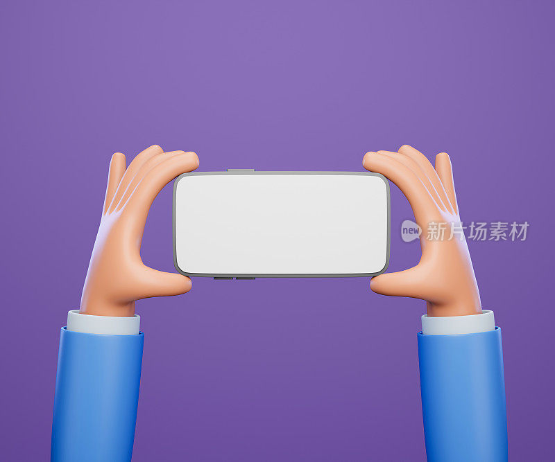 3D卡通手持智能手机隔离在紫色背景上，手持使用手机模型。三维演示