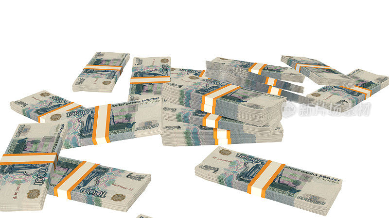 许多钱落在桌子上。1000卢布钞票。成堆的钱。