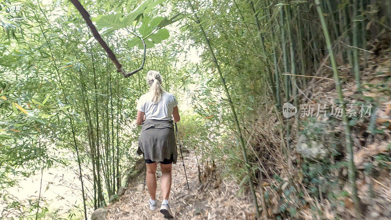 女徒步旅行者沿着小径穿过茂密的森林