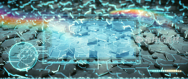 未来科幻小说蜂窝计算机纳米技术服务器，数字信息图形HUD显示叠加。宽,横构图。